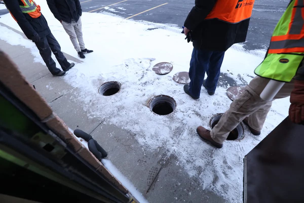 Flush-mounted covers opened in pavement under snow