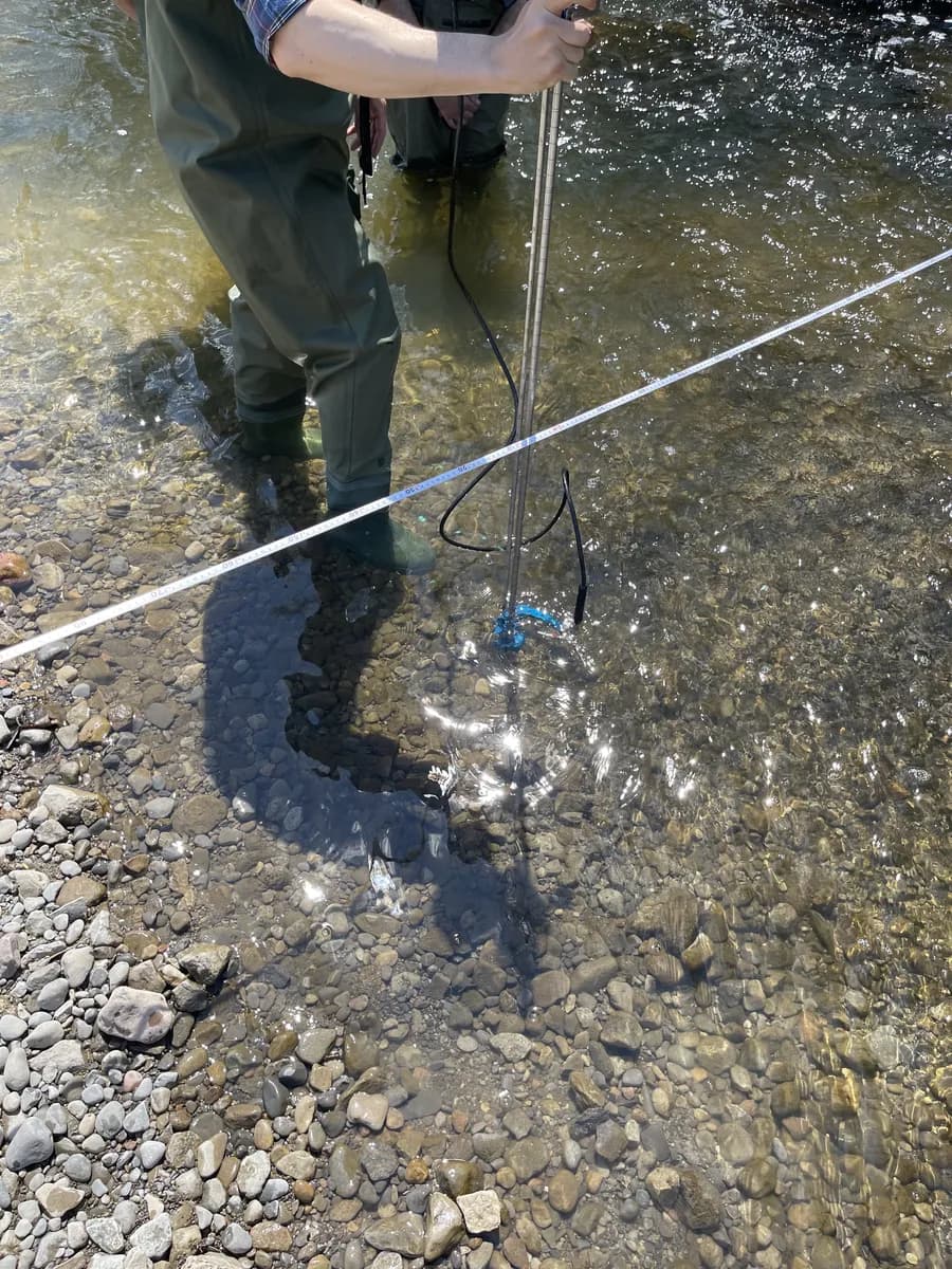 Wading a gravel-bed stream with a flow meter on a top-set rod